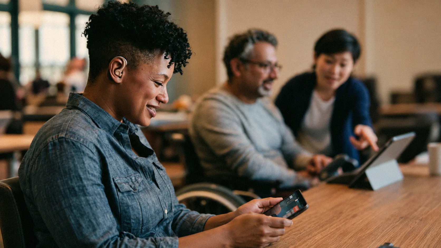A woman wearing a hearing aid smiles at her phone while a man in a wheelchair uses a tablet with a facilitator.